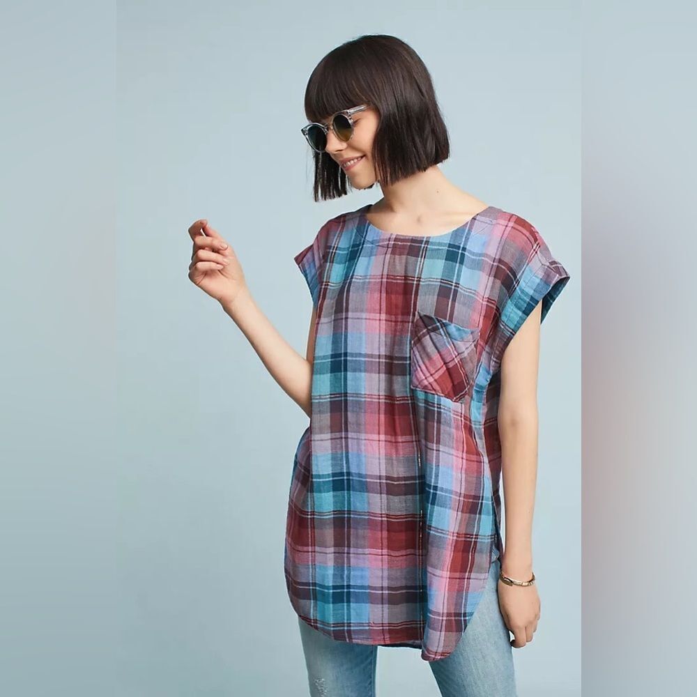 Anthropologie Akemi +Kin Cap-Sleeve Plaid Tunic Top